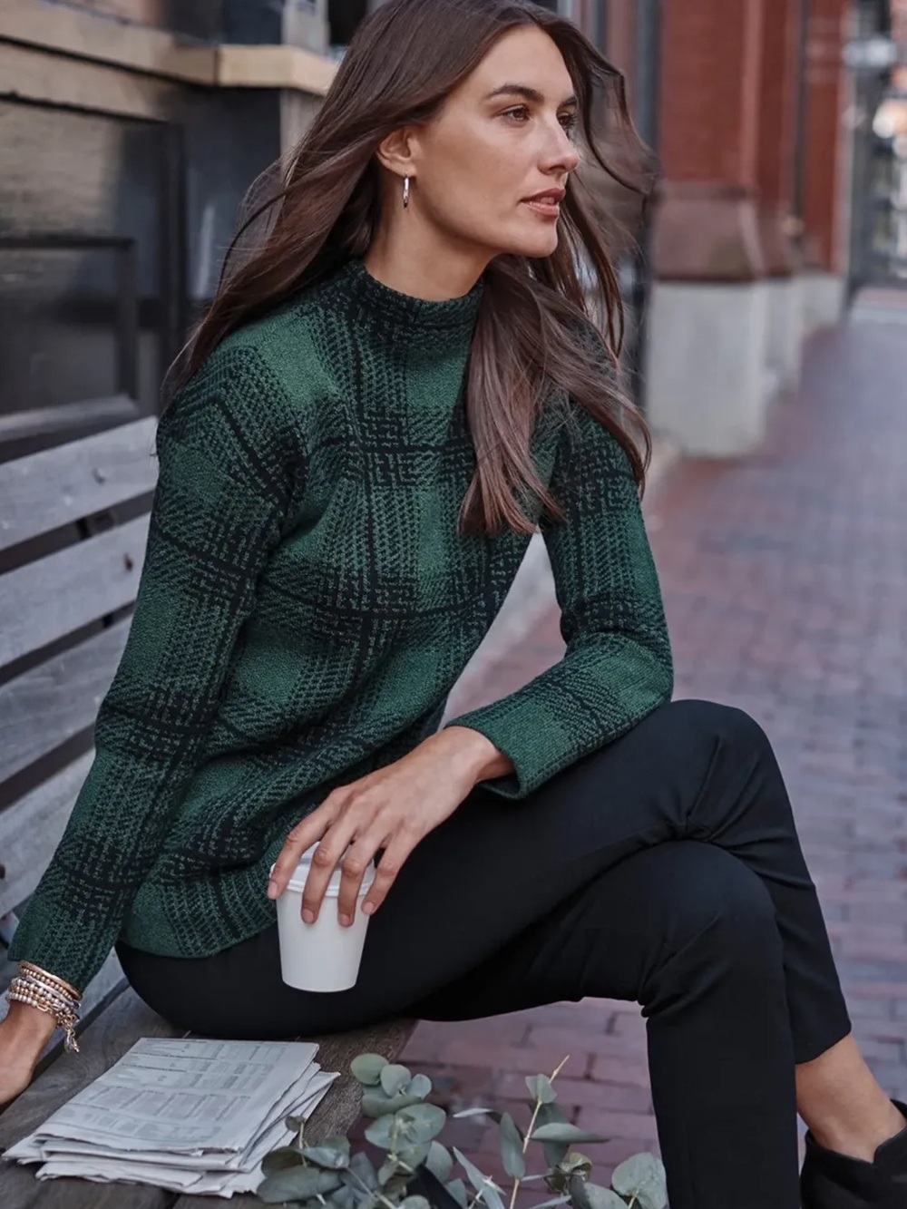 J. Jill Forest Green and Black Plaid Turtleneck Sweater